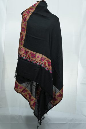 luxury black wool shawl with handmade embroidery border work